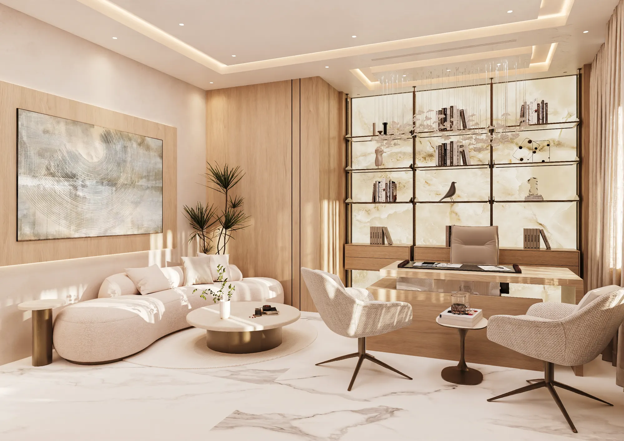 Interior render of a private office with lounge seating and a backlit onyx bookcase